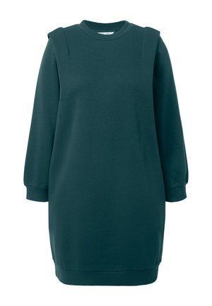 Donkergroene sweatshirtjurk met lange mouwen, geribbeld halsgebied en schouderaccenten. Zachte stof met een ontspannen pasvorm, knielange design.