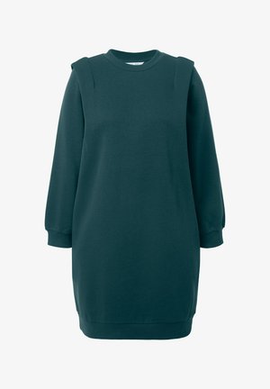Dunkelgrünes Sweatshirt-Kleid mit langen Ärmeln, geripptem Ausschnitt und Schulterakzenten. Weicher Stoff mit lockerer Passform, knielanges Design.