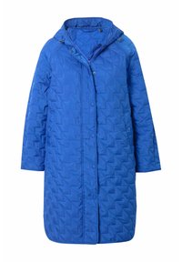 Blauer gesteppter Mantel mit Kapuze, ausgestattet mit Knopfverschluss, seitlichen Taschen und einer Diamantmuster-Struktur. Hergestellt aus leichtem synthetischem Material.