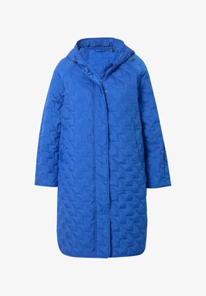 Blauer gesteppter Mantel mit Kapuze, ausgestattet mit Knopfverschluss, seitlichen Taschen und einer Diamantmuster-Struktur. Hergestellt aus leichtem synthetischem Material.