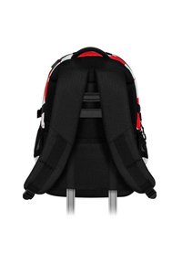 Mochila negra con respaldo de malla acolchada, correas ajustables y acentos coloridos. Presenta un diseño estructurado y múltiples compartimentos.