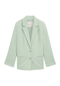 Helles mintgrünes Blazer aus glattem Stoff, mit Reverskragen, zwei Fronttaschen und zwei Knöpfen.