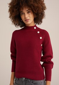 Bordo megztinis su aukštu kaklu, didelėmis sidabrinėmis sagomis ant peties ir rausvos tekstūros ant rankovių bei apykaklės.