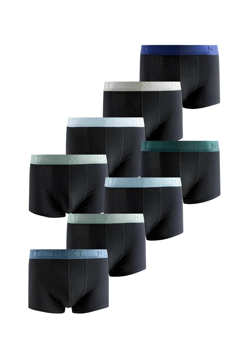 Fekete boxeralsók nyolcas csomagban, különböző színű elasztikus derékpántokkal, logóval díszítve; pamut anyagúak és testre szabott szabásúak.