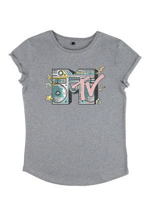 Šedé tričko s krátkým rukávem s barevným logem MTV, které obsahuje reproduktory, hudební noty, hvězdy a motivy blesků.