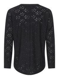 Μαύρη μπλούζα με μακριά μανίκια, διακοσμημένη με λουλουδάτο μοτίβο δαντέλας eyelet και κυματιστό τελείωμα, παρουσιασμένη από πίσω.