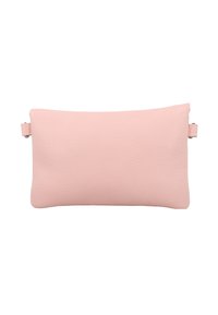 Rožinė oda maišelio su tekstūruotu paviršiumi, stačiakampio formos ir maža kilpa vienoje pusėje, skirta funkcionalumui.