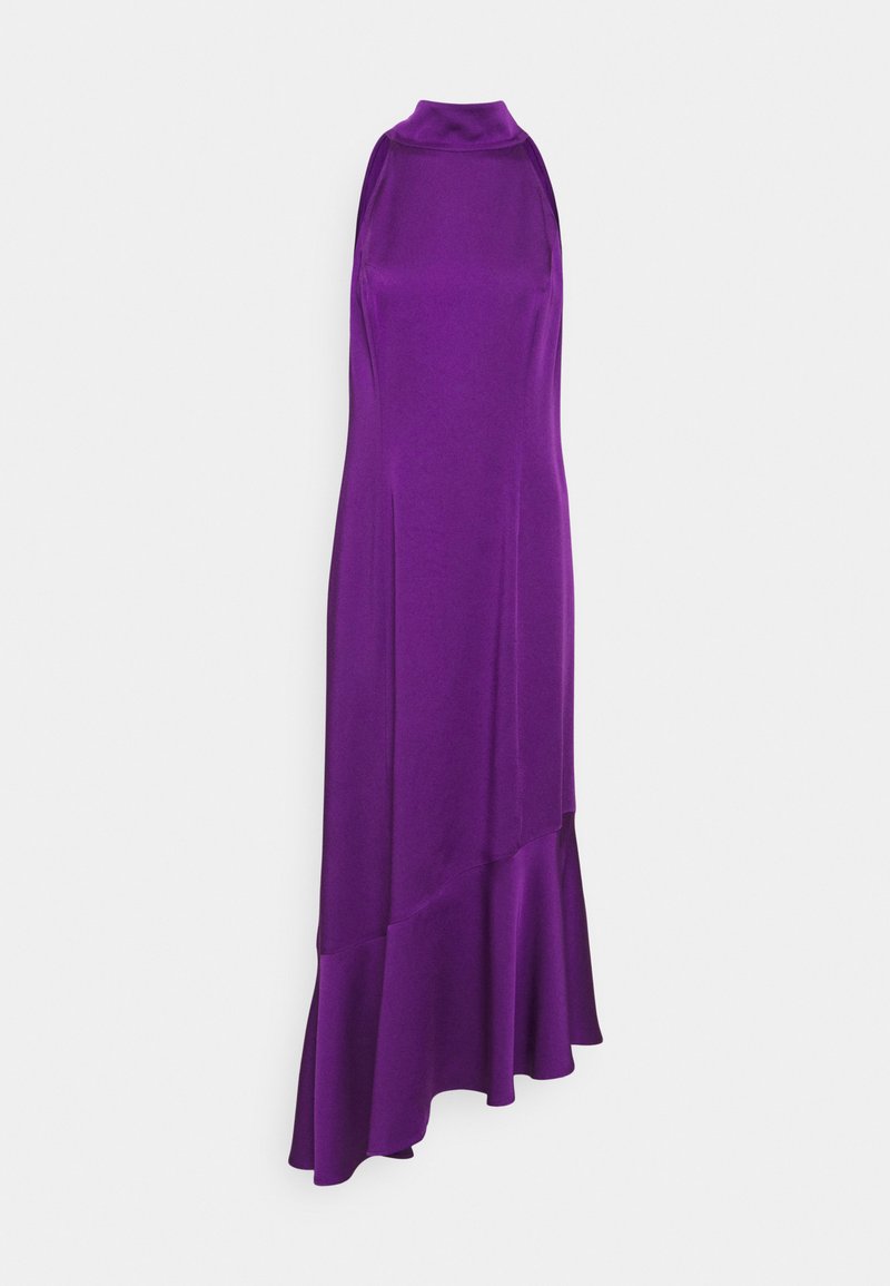 Robe midi sans manches en satin violet avec col montant et ourlet asymétrique à volants sur fond blanc.