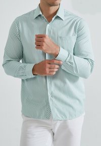 Chemise à rayures vert clair et blanche, boutonnée, avec col et une poche poitrine, possédant des manches longues et une coupe ajustée.