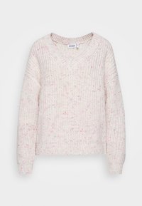 Sweter wełniany z dekoltem w serek w miękkim kremowym kolorze z nakrapianymi różowymi i niebieskimi włóknami. Ma długie, luźne rękawy oraz prosty dół.