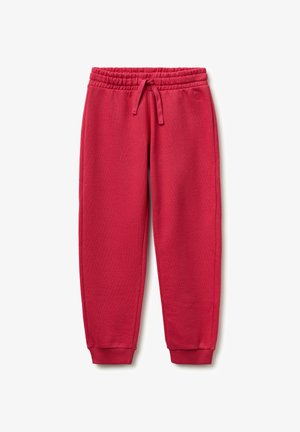 Czerwone spodnie dresowe z elastycznym pasem i sznurkiem, ściągaczami oraz miękką, polarową tkaniną, zaprojektowane do noszenia na co dzień.