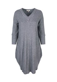 Grijze gebreide tuniek met een V-hals en driekwart mouwen, met een ribbeltextuur en zijsplitten voor een comfortabele pasvorm.