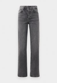 Jean taille haute, coupe droite en denim gris foncé, avec des passants de ceinture, cinq poches et des détails de décoloration subtils sur le tissu.
