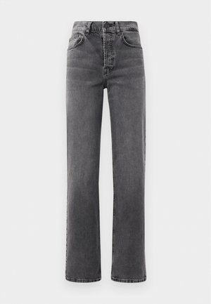 Höga, raka jeans i mörkgrå denim, med bälteshällor, fem fickor och subtila blekningsdetaljer på tyget.