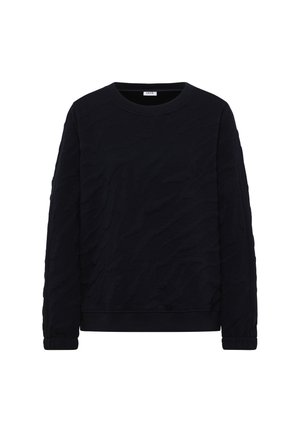 Pull noir à manches longues, col rond, avec un motif texturé en relief et des bords côtelés, présenté sur un fond blanc.