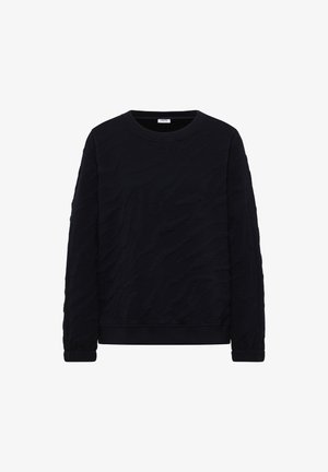 Pull noir à manches longues, col rond, avec un motif texturé en relief et des bords côtelés, présenté sur un fond blanc.