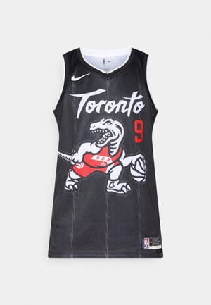 Canotta da basket nera con la scritta "Toronto" in bianco, grafica di un dinosauro in rosso e numero 9 in rosso. Realizzata in materiale a rete traspirante.