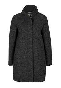 Cappotto nero in lana con una texture morbida, collo alto e chiusura con bottoni. Design dritto, lunghezza al ginocchio e dettagli di cuciture minimaliste.