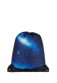 Trekkoordtas van stof, met een galaxieprint in tinten blauw, zwart en wit. Afgeronde bovenkant met een trekmechanisme.