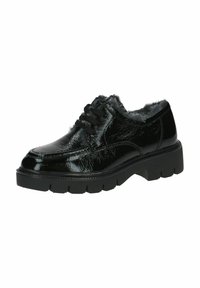 Scarpa in vernice nera con tomaia testurizzata e foderata in pelliccia sintetica, caratterizzata da una suola nera spessa e rigata e un design tradizionale con lacci.
