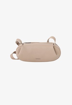 Beige leather waist bag with rounded edges, silver zipper on top, and an adjustable strap. Small branding visible on front center.