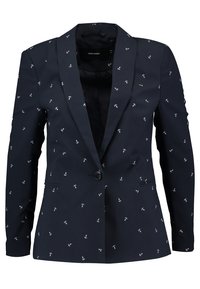 Námořnický blejzr vyrobený z látky s hladkou texturou, s malými vzory kotvy, s jedním knoflíkem a bočními kapsami.