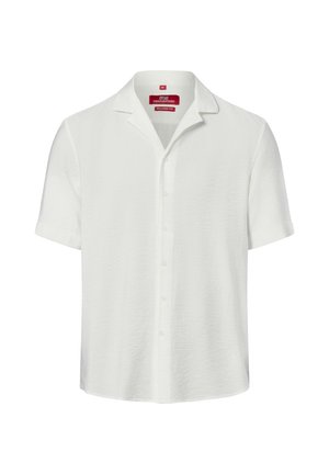 Weißes kurzärmeliges Hemd mit Knopfleiste, Camp-Kragen und lockerem Schnitt, mittlere Größe, auf weißem Hintergrund dargestellt.