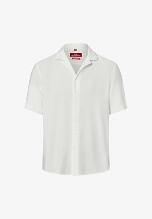 Weißes kurzärmeliges Hemd mit Knopfleiste, Camp-Kragen und lockerem Schnitt, mittlere Größe, auf weißem Hintergrund dargestellt.