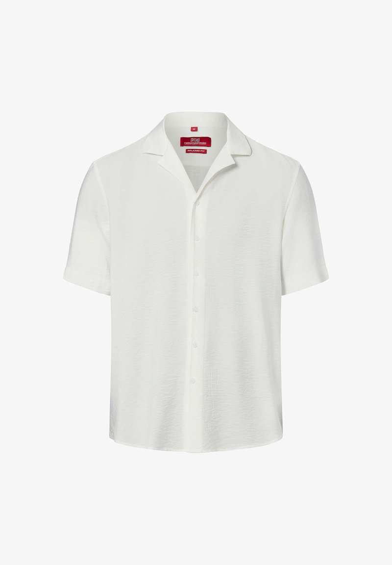 Biała koszula na krótki rękaw z guzikami, kołnierzem typu camp oraz luźnym krojem, w rozmiarze średnim, przedstawiona na białym tle.