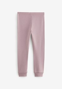 Lilla ribbede leggings med syet talje, tætsiddende pasform og manchetter. Stoffet ser blødt og elastisk ud, designet til komfort.