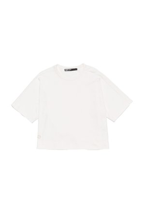 T-shirt bianco a maniche corte in cotone. Presenta un colletto a girocollo, una vestibilità comoda e un piccolo dettaglio logo nell'orlo. Texture morbida.