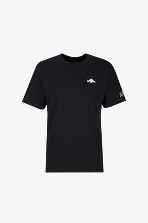 Schwarzes Kurzarm-T-Shirt aus Baumwolle. Mit einem weißen Emblem auf der Brust und dem Schriftzug "REPLAY" auf dem Ärmel. Klassisches Rundhalsausschnitt-Design.