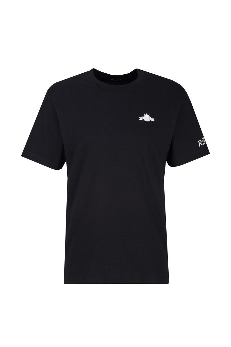 Schwarzes Kurzarm-T-Shirt aus Baumwolle. Mit einem weißen Emblem auf der Brust und dem Schriftzug "REPLAY" auf dem Ärmel. Klassisches Rundhalsausschnitt-Design.