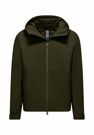 Olivengroene jas met capuchon, sluiting met ritssluiting aan de voorkant en zijzakken met rits. Heeft een gladde, matte textuur en een minimalistisch ontwerp.