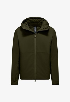 Olivgrüne Jacke mit Kapuze, Frontreißverschluss und seitlichen Reißverschlusstaschen. Mit einer glatten, matten Textur und einem minimalistischen Design.