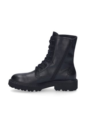 Botte chelsea en cuir noir avec bout lacé, fermeture éclair sur le côté, surface texturée et semelle en caoutchouc robuste. Présente des accents de couture et une conception robuste.