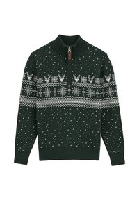 Mörkgrön stickad tröja med halvdragkedja, prydd med vita snöflinge- och renmönster över bröstet och utspridda vita prickar.