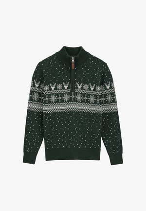 Maglione a maglia verde scuro con collo a mezza zip, caratterizzato da motivi a fiocco di neve e renna bianchi sul petto e punti bianchi sparsi.