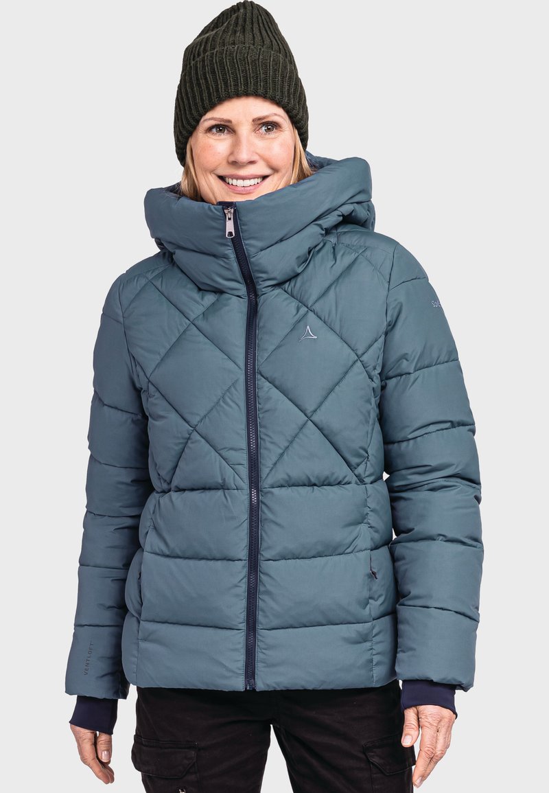 Eingepolsterte Jacke in Teal mit Rautenmuster, hohem Kragen und Reißverschluss. Verfügt über gerippte Bündchen und ein Logo am Ärmel.