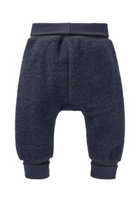 Marineblauwe fleece babybroek met een zachte, gestructureerde stof, elastische tailleband en geribbelde boorden bij de enkels.