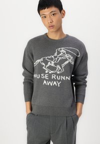 Grijze gebreide trui met een grafische illustratie van een paard en ruiter, met de tekst "USE RUN AWAY" in het wit op de voorkant.