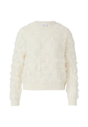 Maglione lavorato a maglia color crema con dettagli in frange testurizzate, maniche lunghe, polsini e orlo a coste e scollo rotondo.