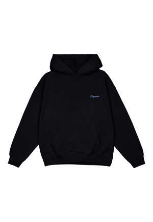 Black hoodie made of cotton with a front pocket, featuring a small blue embroidered logo on the chest and a spacious hood.