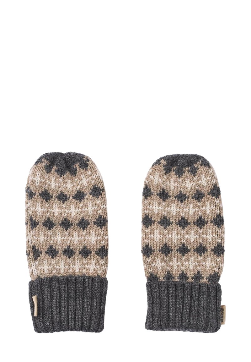 Guanti lavorati a maglia con un motivo a diamante marrone chiaro e grigio scuro, con un polsino a coste grigio scuro e una miscela di lana testurizzata per il calore.