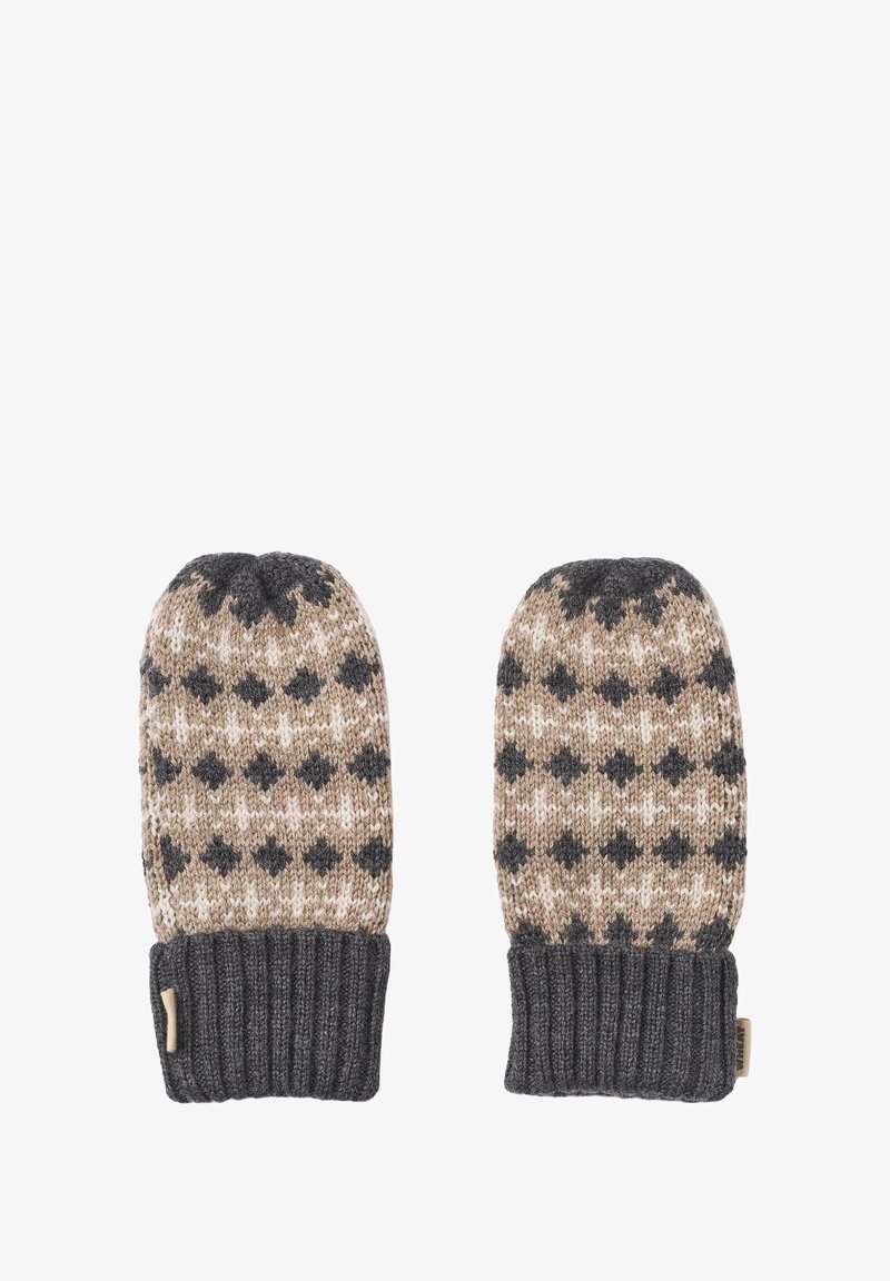 Moufles tricotées présentant un motif de diamants beige et gris foncé, avec un poignet en côtes gris foncé et un mélange de laine texturé pour la chaleur.
