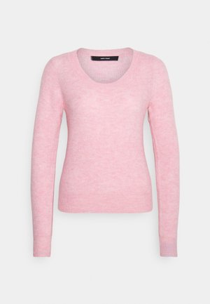 Light pink knit sweater with long sleeves, a rounded neck, and ribbed cuffs. Soft texture with a slightly fuzzy appearance.