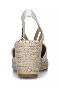 Sandalo con tacco a cuneo bianco in espadrilla, con tacco rivestito in juta, apertura sul retro e design con cinturino; parte superiore liscia con tacco testurizzato e finitura in fibra naturale.
