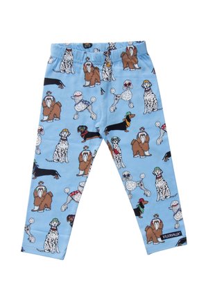 Lyseblå børnebukser med et farverigt hundemønster, der forestiller forskellige racer iført hatte og tilbehør.