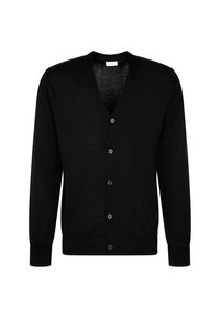 Cardigan noir en tissu doux, doté d'un col en V, de boutons à l'avant et de poignets côtelés. Texture lisse sans motifs.