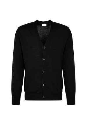 Sort cardigan lavet af blødt stof, med v-halsdesign, foran knapper og ribbede manchetter. Glat tekstur uden mønstre.